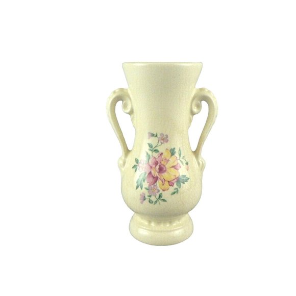 Vase Royal Copley Floral Design Beaded Double Handles 6" Tall - Picture 1 of 12